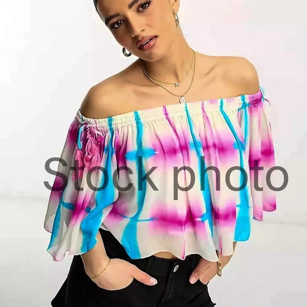 NWT Raga SAMPLE Whisper crop top off shoulder eyelet tie dye Small - Picture 8 of 9